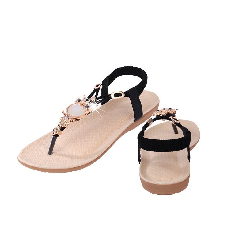 New arrived Owl Beaded Flat Sandals with Toe Clips Beach Flats Sandals Women's Cool shoes black