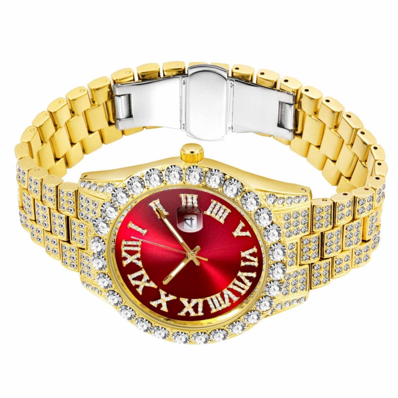 2 PCS/Set Full Iced Out Watch for Men Bling Miami Cuban Chain Bracelet Iced Out Watches Men Hip Hop Watch Luxury Gold Watch Men Women