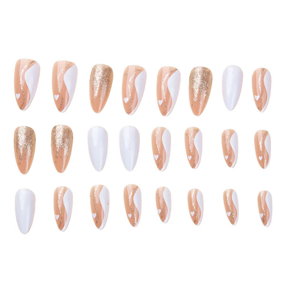 Valentine's Day long almond shaped platinum line nail art French white border wave leopard print gold powder wearing nail art heart-shaped nail art sheet