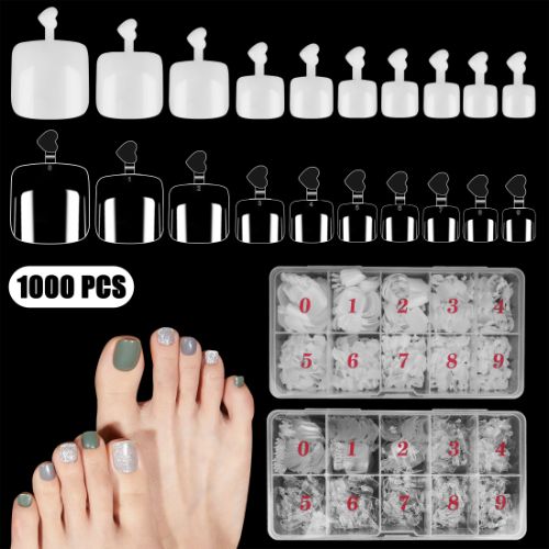 1000pcs Toe Nail Tips, Short Square False Soft Gel Full Cover Toenails, 10 Sizes