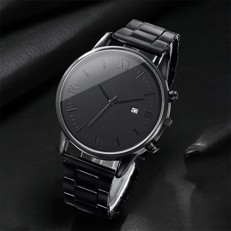 4PCS Men Business Watches Fashion Black Steel Band Male's Calendar Quartz Watch Relogio Masculino Jewelry Set