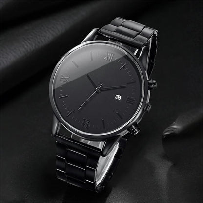 4PCS Men Business Watches Fashion Black Steel Band Male's Calendar Quartz Watch Relogio Masculino Jewelry Set
