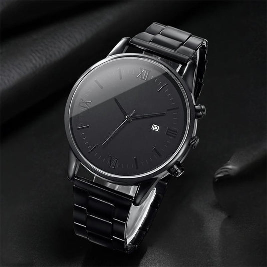 4PCS Men Business Watches Fashion Black Steel Band Male's Calendar Quartz Watch Relogio Masculino Jewelry Set