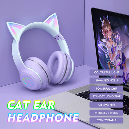 Headset gradient cat ears headset wireless BT headset with microphone girl net red live luminous headset Fashion Trend Bluetooth Earphones