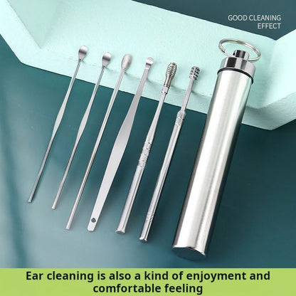 6-piece set Stainless steel ear spoon set ear spoon earwax picking tool storage tube portable
