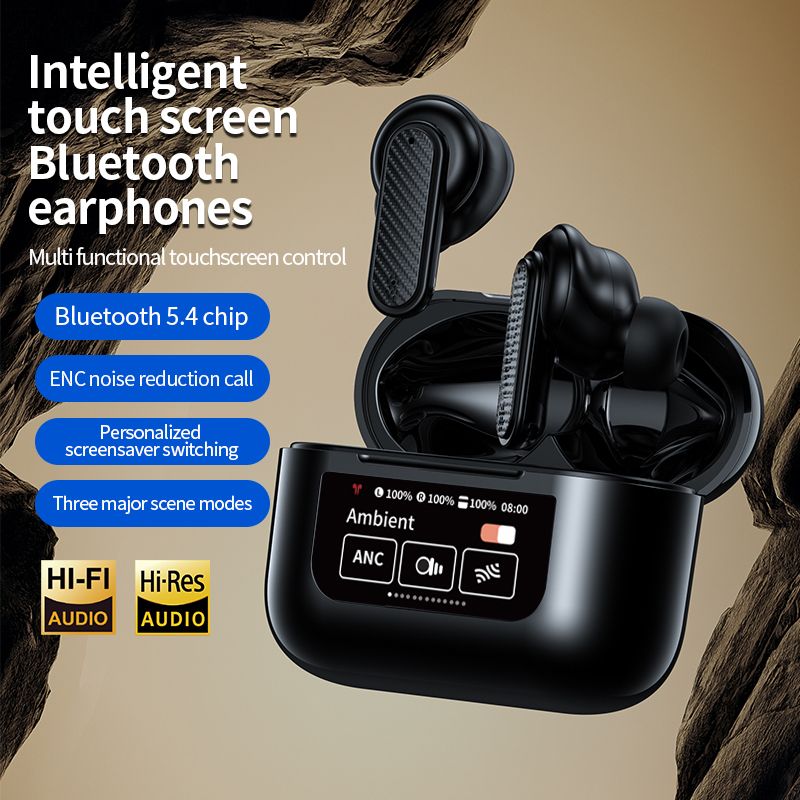 New LED Screen Bluetooth Earphones YW08 Touch Screen Earpods Color Display ANC Wireless Earphone TWS Earbuds Noise Cancelling Earphones For Android iOS Phones