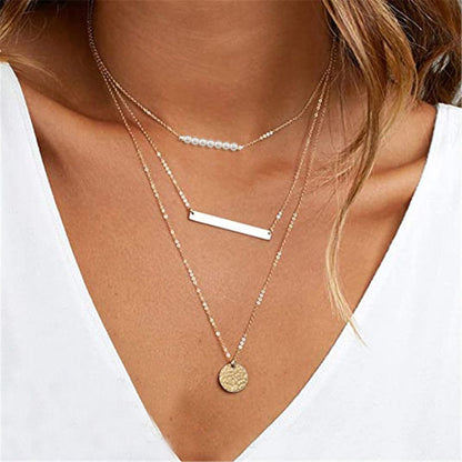 Three-layer necklace pearl geometry Round element Personality and fashion Rose gold necklace Women's Necklaces