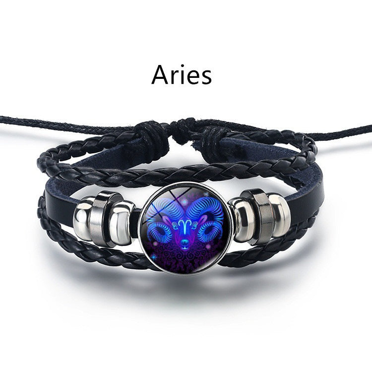12 Constellation Men's and women's bracelet twelve constellation leather rope blue moonstone bracelet student hipster couple jewelry fashion men's models can be contracted and elongated