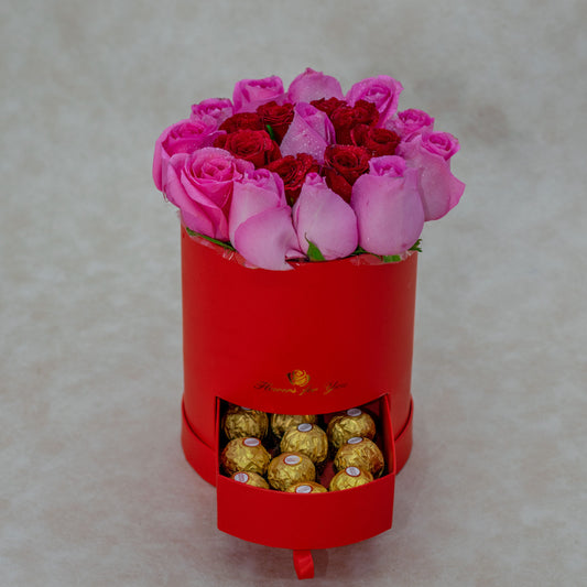 Alya Flower Box Red and Pink Roses with Ferrero Rocher Chocolates
