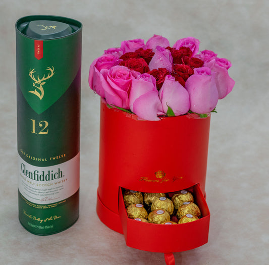Alya Flower Box  Roses, Chocolates and Whisky