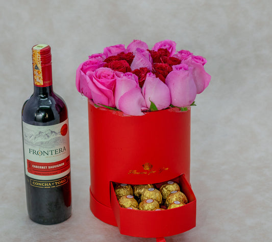 Alya Flower Box  Roses, Chocolates and Wine