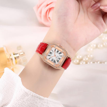 Women Diamond Watch Starry Square Dial Bracelet Watches Set Ladies Leather Band Quartz Wristwatch Female Clock Jewelry Gifts With Rhinestone Valentines Gift Couple Watches