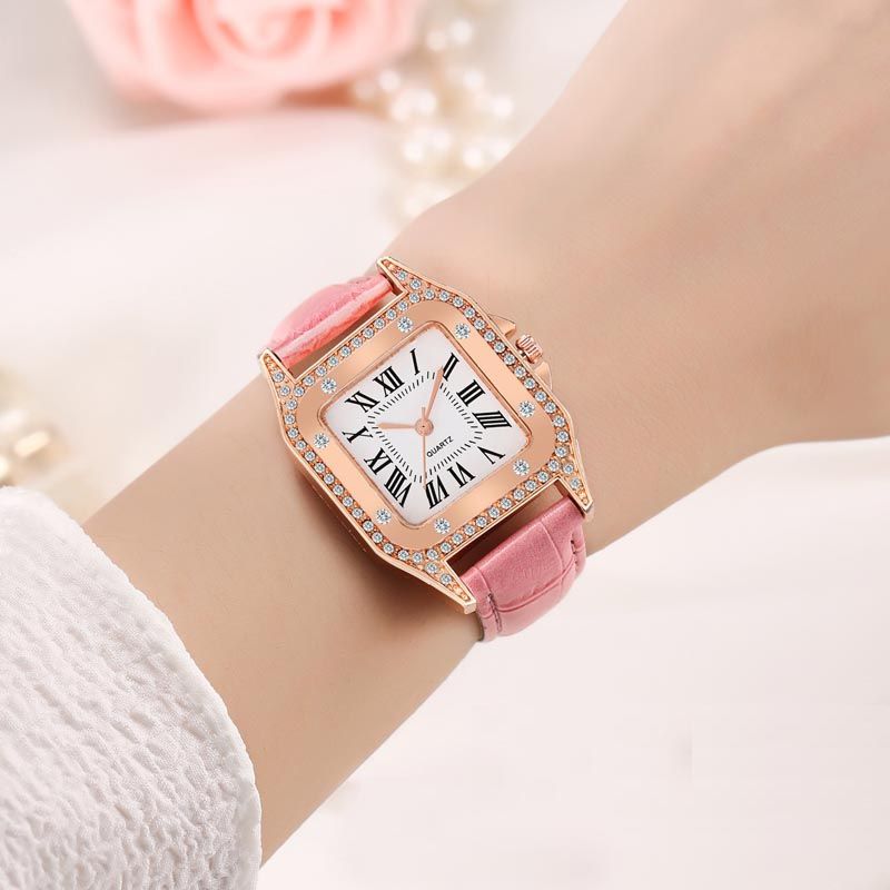 Women Diamond Watch Starry Square Dial Bracelet Watches Set Ladies Leather Band Quartz Wristwatch Female Clock Jewelry Gifts With Rhinestone Valentines Gift Couple Watches