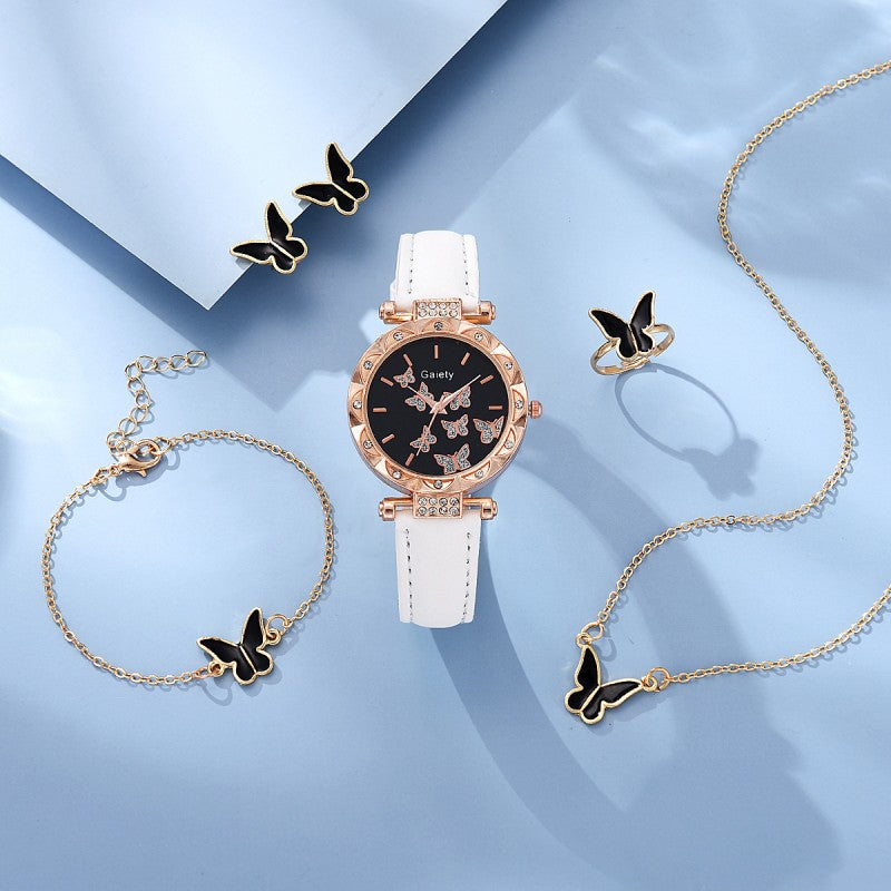 5-Piece Women's Watch Bracelet Necklace Ring Earrings Set Fashion Personality Simple Watch Butterfly Quartz Leather Watch