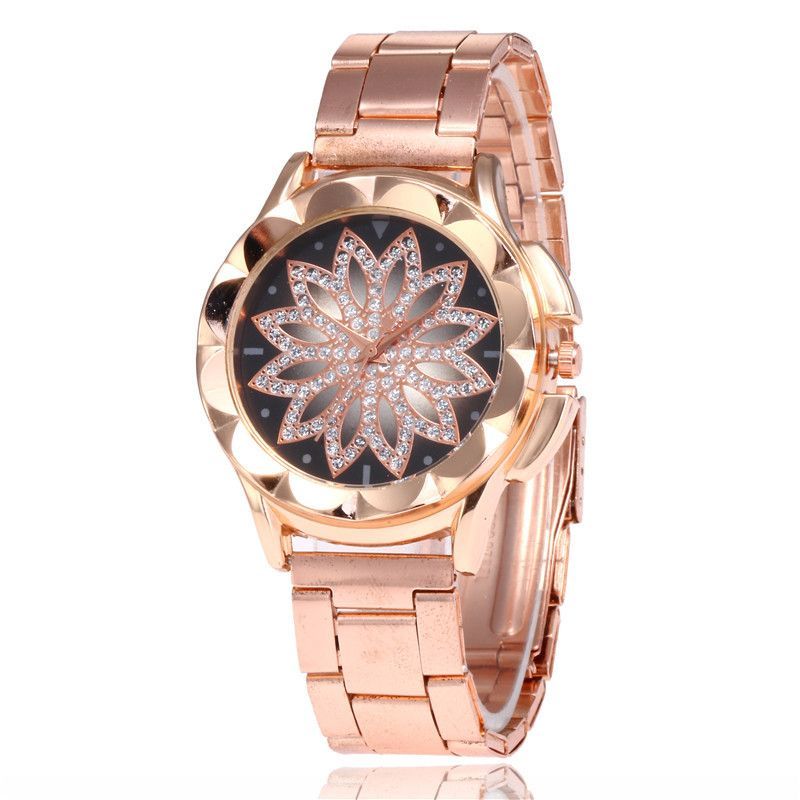 ZHJH Women's Watch Steel Strap Lotus Diamond Watch Luxury Business Watch Alloy Women's Watch Rose Gold Watch
