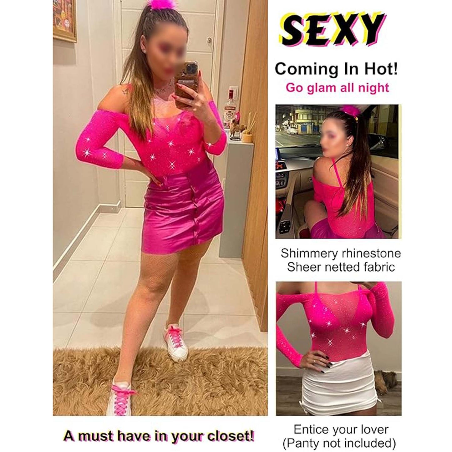 Women Sparkle Sexy Bodysuit Fishnet Rhinestone Sheer Teddy Lingerie Leotard Top Bodystocking Mesh Nightclub Sleeves Sleepwear Nightwear for Couple Sex