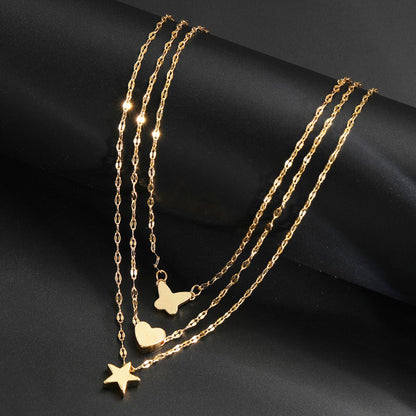 New Fashion Ins Five-Pointed Star Butterfly Necklace 3-Piece Set Niche Exquisite High-End Pendant Multi-Layer Necklace