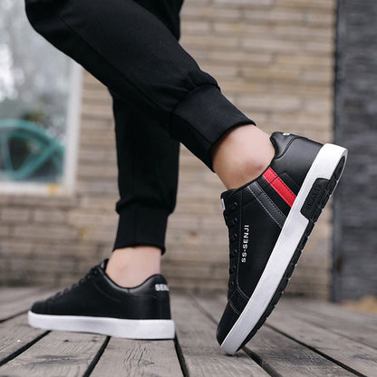 Men's casual PU artificial leather shoes fashion running shoes driving shoes students single shoes athletic women's skateboarding shoes sneakers Boys Black sports shoes