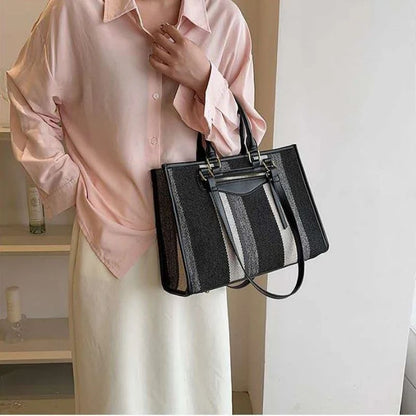 Mateamoda Elegant Striped Tote Bag with Rich Leather Accents Crossbody Bag Underarm Handbag