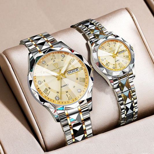 Couple Quartz Watch High Quality Waterproof Double Calendar Rhombus Mirror Watch Luxury Brand Men Women Couple Watche