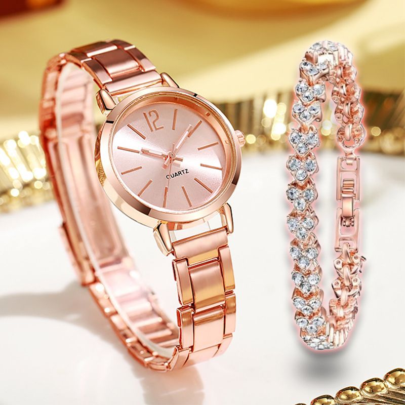 2pcs Luxury Women Rhinestone Rose Gold Watch Fashion Ladies Quartz Diamond Wristwatch Elegant Female Bracelet Watches Set Gift