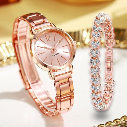 2pcs Luxury Women Rhinestone Rose Gold Watch Fashion Ladies Quartz Diamond Wristwatch Elegant Female Bracelet Watches Set Gift