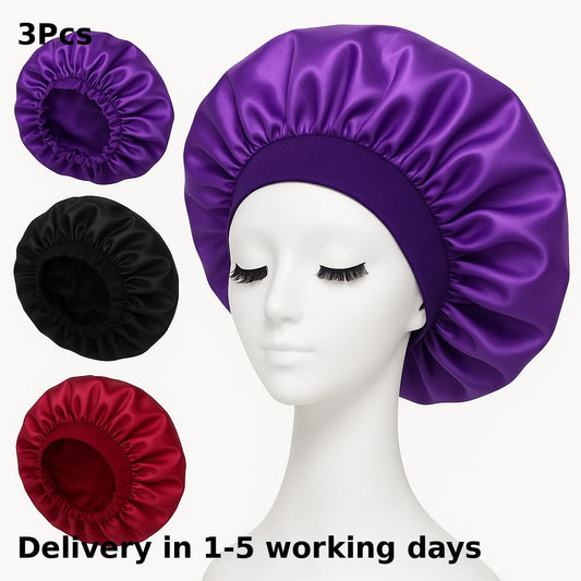 3 Pcs nightcap,Satin Headscarf Hat Sleeping Bonnet Curly Hair Wrap Silk Cap Fashion Wide Soft Elastic Springy Band Head Scarf Headwear Pure Color Night Sleep Hat Nightcap Head Cover