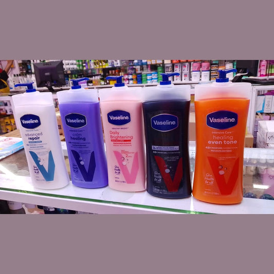 Row of Vaseline products on a shelf in a store