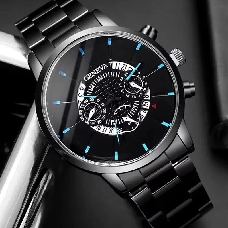 2PCS Black New Popular Watches Fashion Men's Casual Watches Luxury Calendar Quartz Watches Business Watches Men's Clocks Bracelet Set