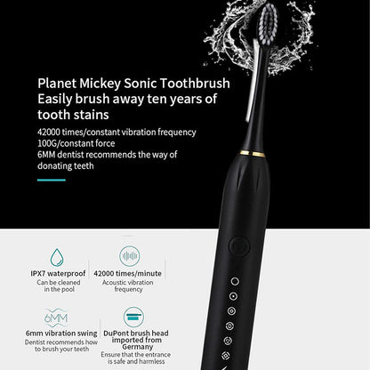 Ultrasonic Electric Toothbrush Rechargeable USB Waterproof Sonic Automatic Tooth Brush with 6 Modes 4 Brush Heads