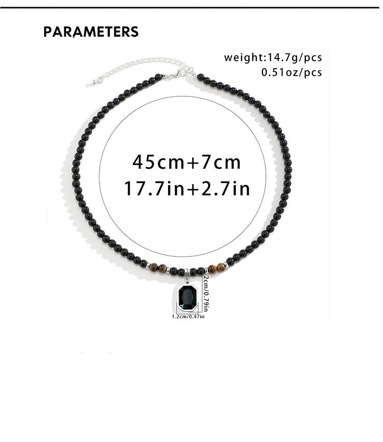 Black Beads with Square Pendant Necklace for Men Trendy Accessories on the Neck Collar 2024 Fashion Jewelry Male Gift Decoration