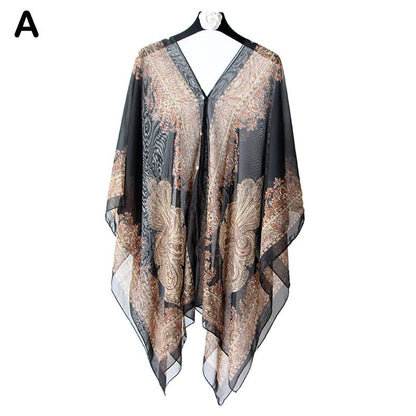 Woman Chiffon Blouse Fashion Women Scarf Shawl Printed Sunscreen Sun Protection Shawl Beach Shawl Soft Loose Bikini Cover Tops
