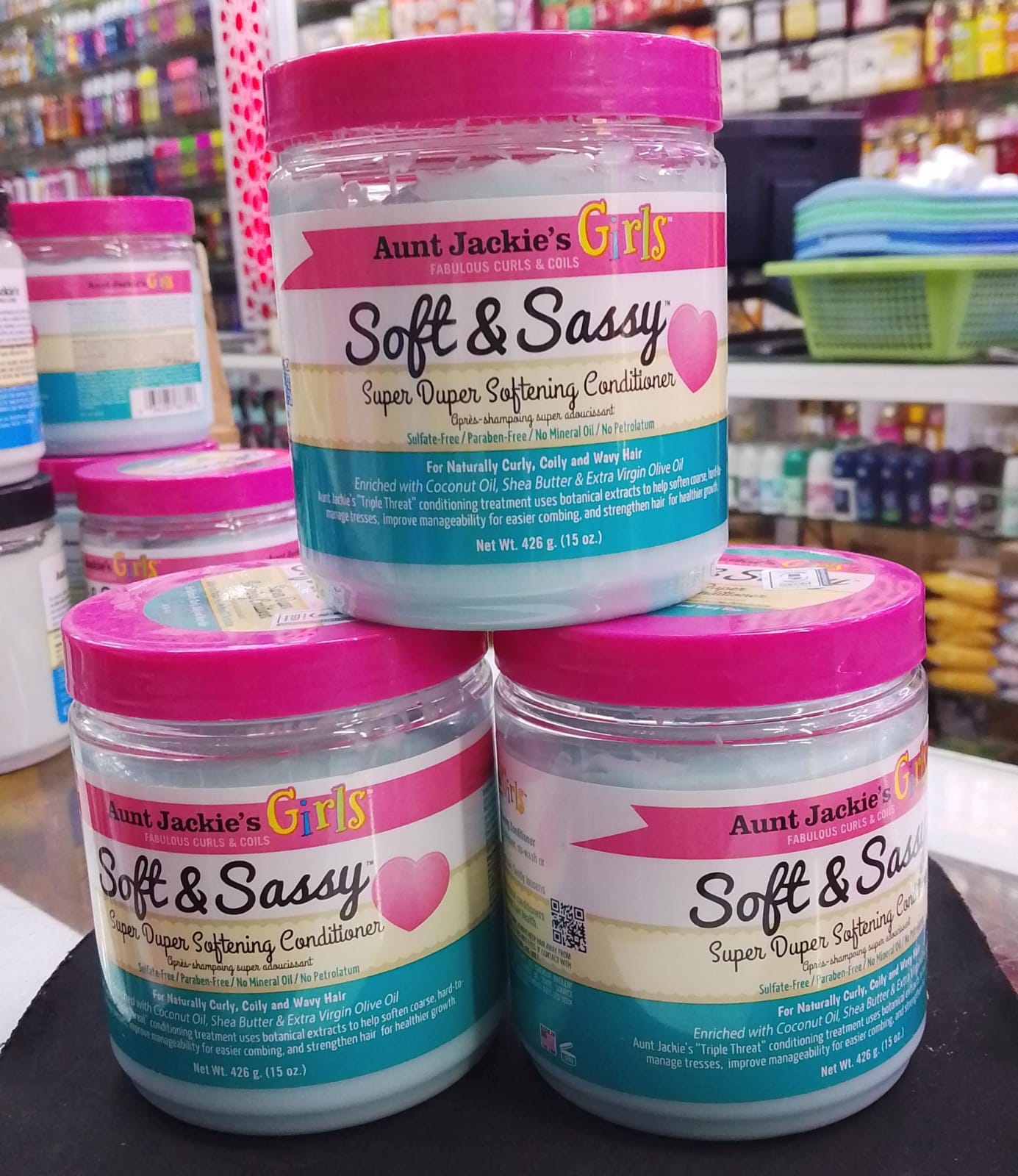 Three Aunt Jackie’s Soft & Sassy kids conditioner for curly hair