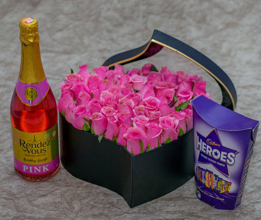 Aurora Flower Box  Chocolates, Roses and Wine