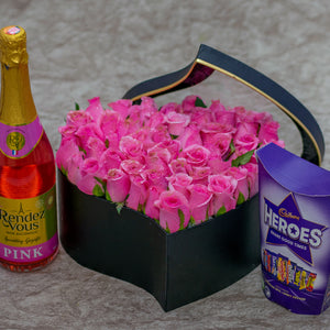 Aurora Flower Box  Chocolates, Roses and Wine