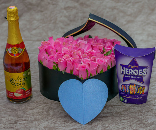 Aurora Flower Box   Chocolates, Wine and Pink Roses
