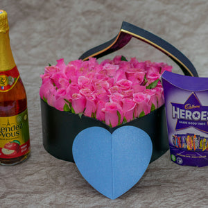 Aurora Flower Box   Chocolates, Wine and Pink Roses