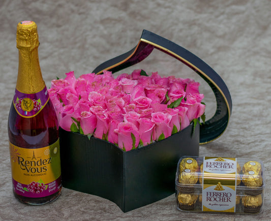 Aurora Flower Box  Pink Roses, Chocolates and Wine