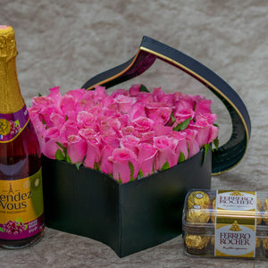 Aurora Flower Box  Pink Roses, Chocolates and Wine