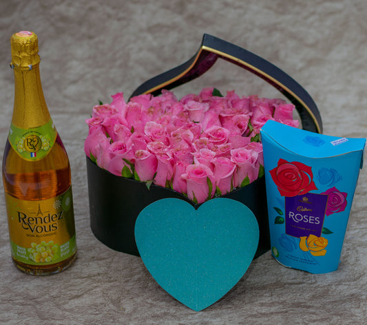Aurora Flower Box Pink Roses, Chocolates and Wine