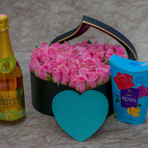Aurora Flower Box Pink Roses, Chocolates and Wine