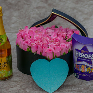 Aurora Flower Box  Pink Roses, Wine and Chocolate
