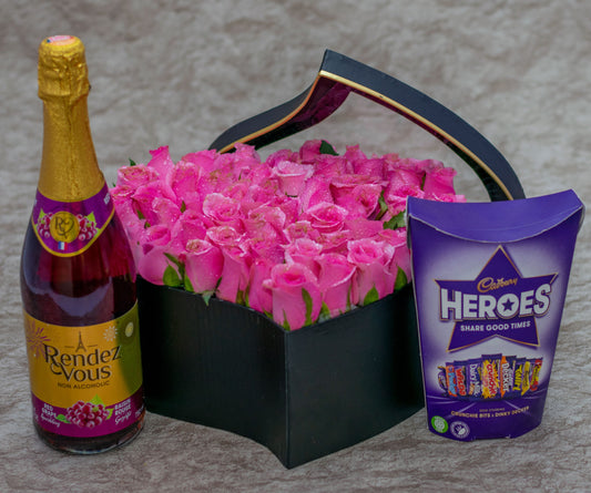 Aurora Flower Box   Wine, Pink Roses and Chocolates