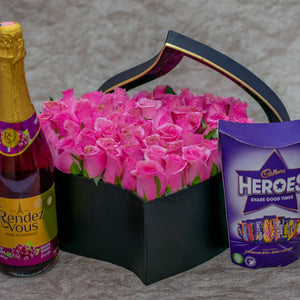 Aurora Flower Box   Wine, Pink Roses and Chocolates