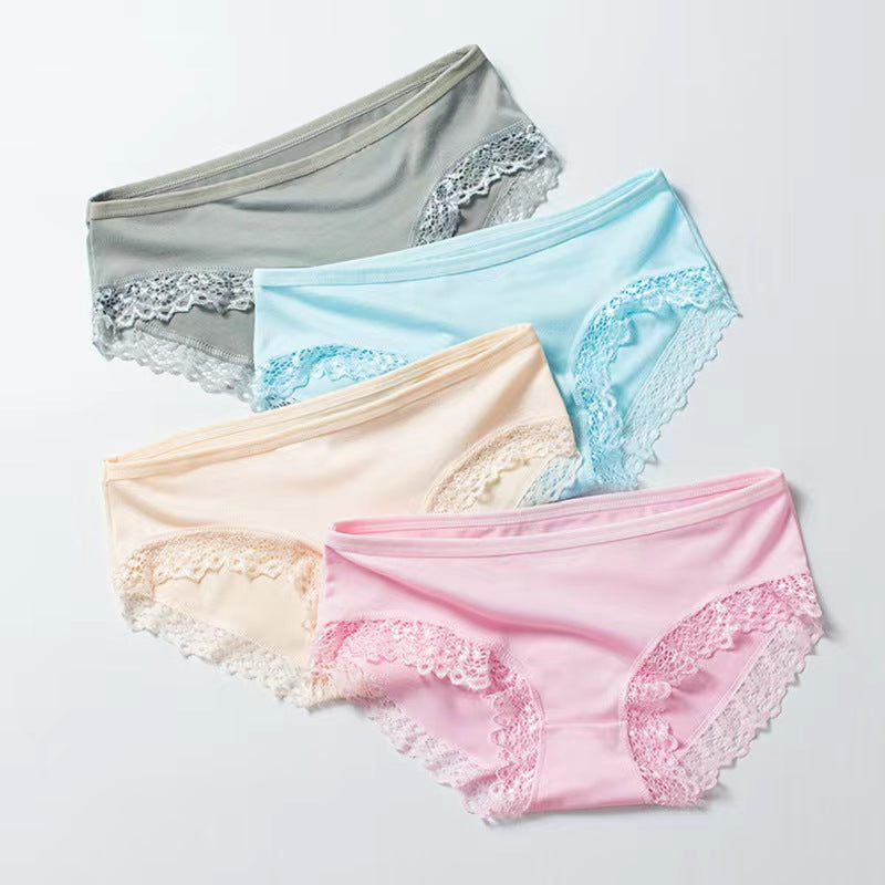 4 PCS Bbreathable Women's Underwear Soft Lightweight And Dry Women's Clothing Solid Color Women's Lace Lingerie New Milk Silk Panties