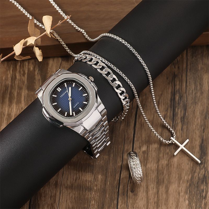 Men's Fashion Business Watches 4-Piece Set: Calendar Quartz Watch, Silver Cross Pendant Necklace, Ring and Bracelet - The perfect gift for him