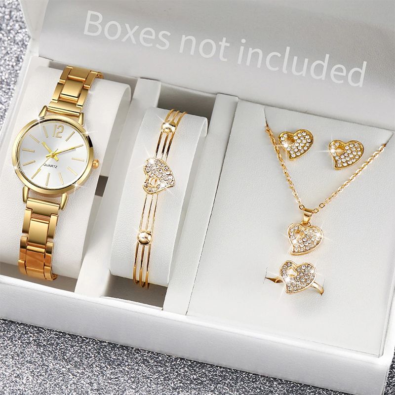 6PCS/Set Women's Watch Fashion Stainless Steel Band Analog Quartz Watches Heart Jewelry Set