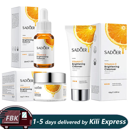 SADOER 3 in 1 Vitamin C Serum, Vitamin C Brightening Facial Cleanser and VC Face Brightening Cream Skin Care Kit Anti Wrinkles, Moisturizing, Anti Aging, Fade Dark Spots
