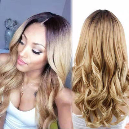 FBK Women long wave wig long curly hair black brown gradient synthetic hair for lady gift