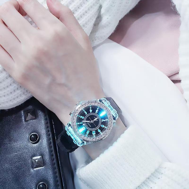 Glow-in-the-dark Watches For Men And Women Personality Rhinestone Led Fashion Male And Female Wrist Watch Student Couple Jelly Quartz Watch